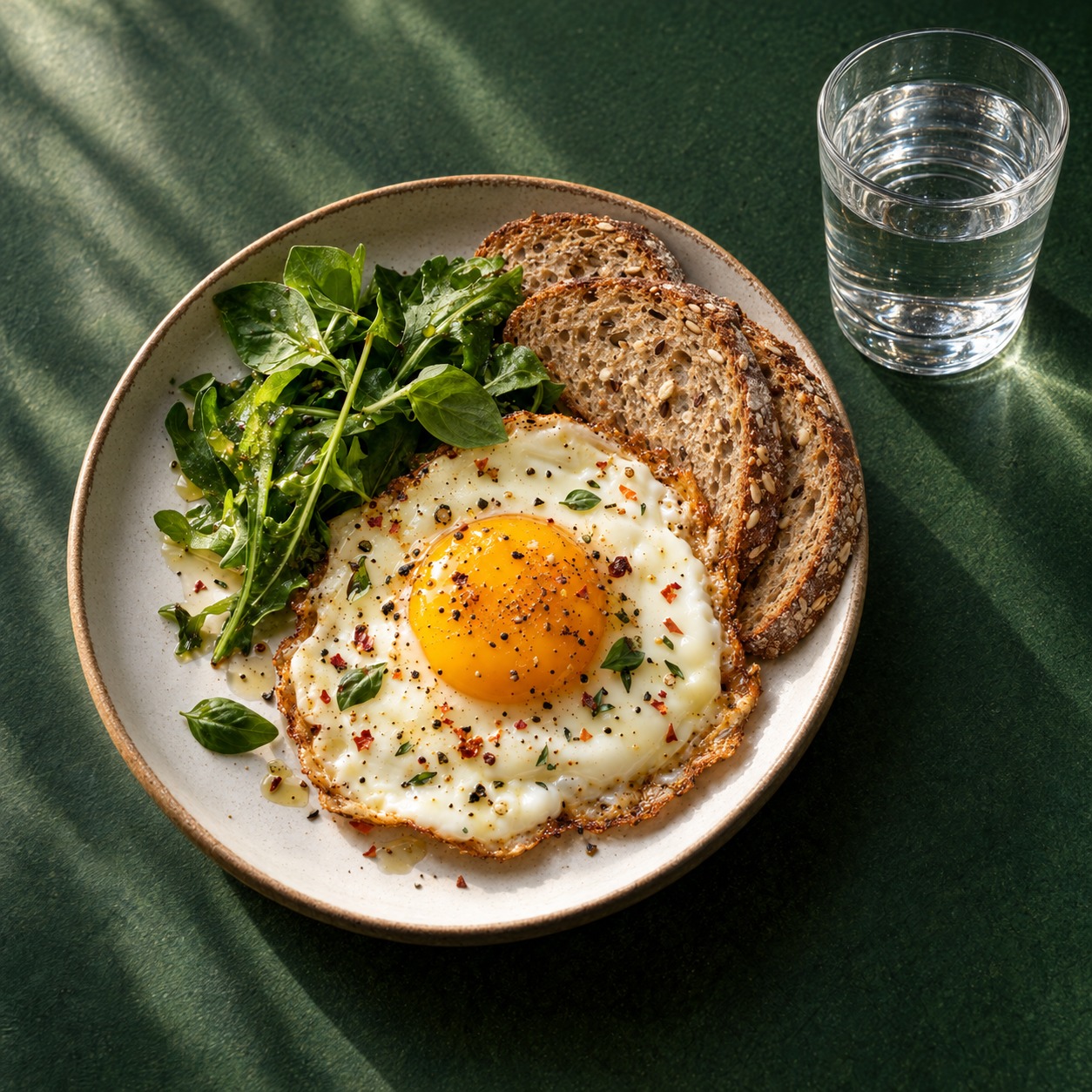 Pasto completo con uovo, pane integrale, insalata e un bicchiere d'acqua